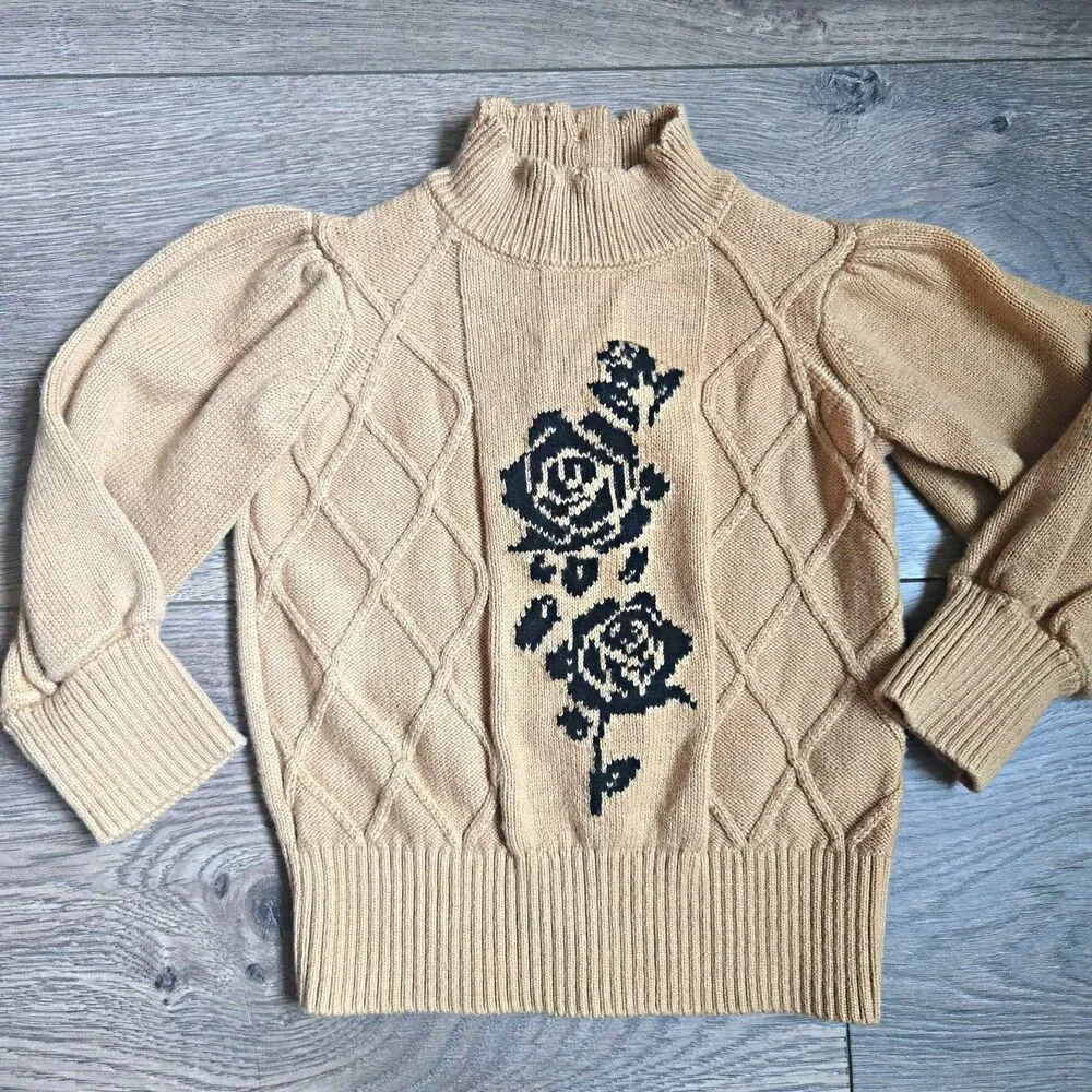 Janie and Jack Sweater 6-12M Tan Beige Cable Knit Floral Rose Mock Neck Puff Slv